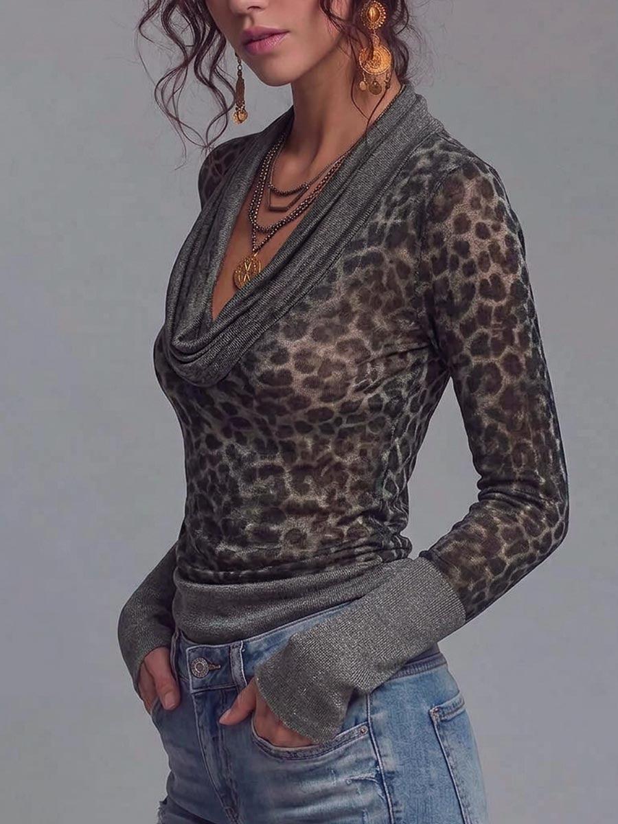 Women's Long-sleeve Loose-fit Knit Top With Cowl Neck And Leopard Print Panel Detail