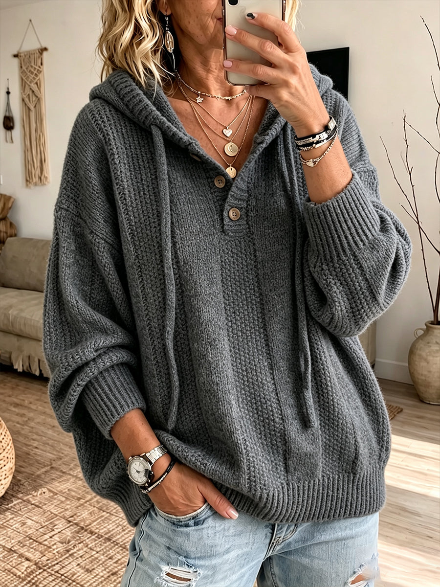 Cozy-chic Chunky-knit Hooded Henley Sweater