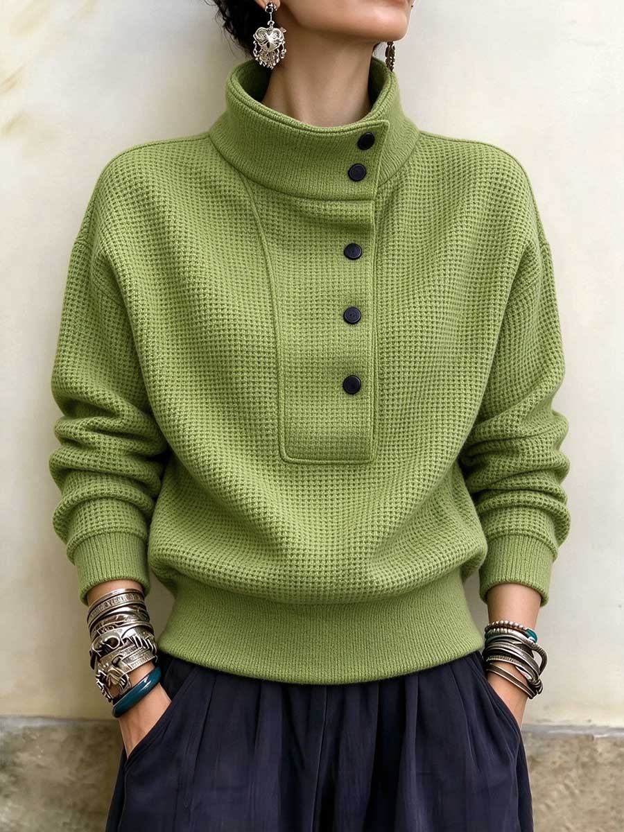 Women's Asymmetrical Button Collar Waffle Knit Sweater
