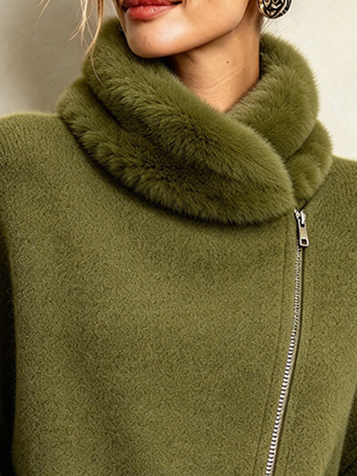 Asymmetrical Zip Faux Fur Collar Casual Knit Olive Green Sweater