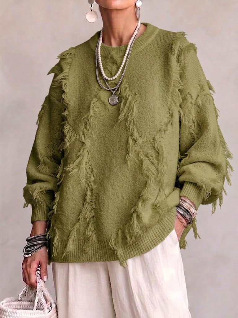 Diagonal Fringe‑trimmed Relaxed Knit Sweater