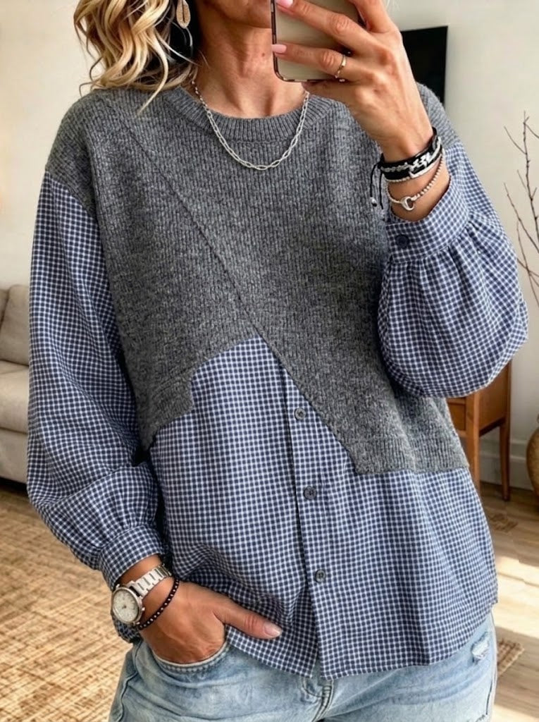 Casual Patchwork Cotton-plaid Knit Top