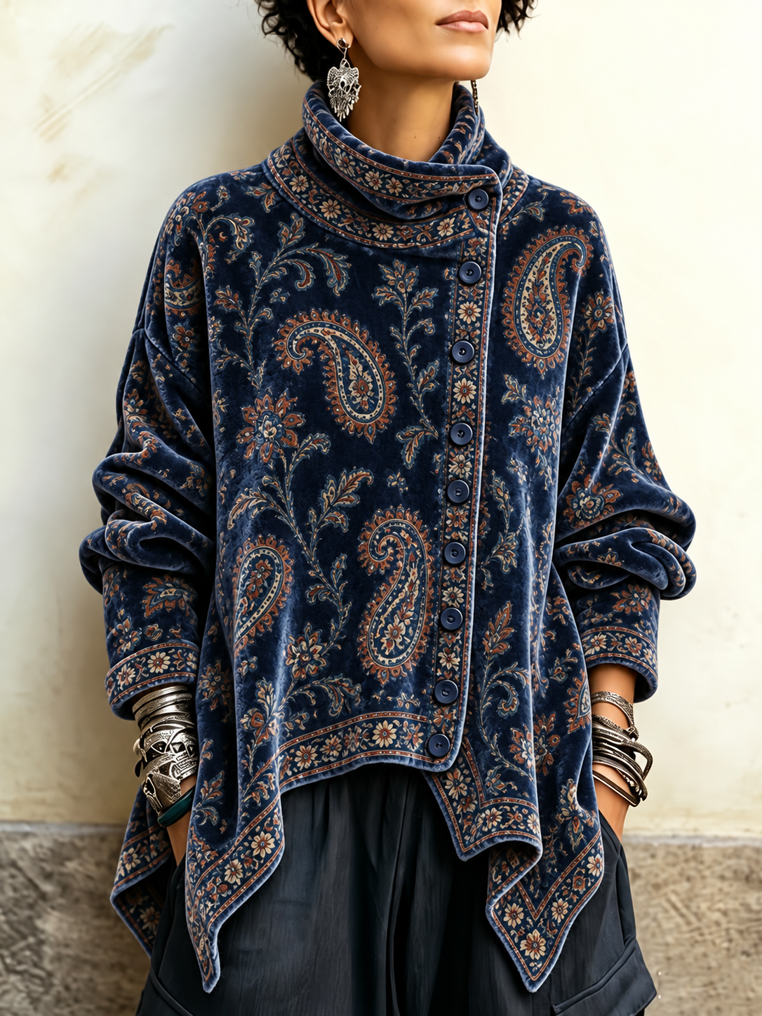 Women's Vintage Paisley Velvet Cowl Neck Top - Asymmetric Button Front Draped Tunic Blouse