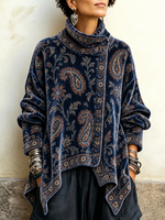 Women's Vintage Paisley Velvet Cowl Neck Top - Asymmetric Button Front Draped Tunic Blouse