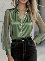 Women's Solid Color Collared Long-sleeved Casual Loose Satin Chiffon Blouse