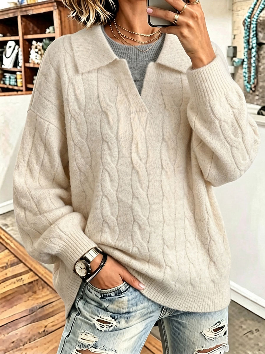 Cozy Polo Faux Two-piece Shirt Collar Cable Knit Sweater