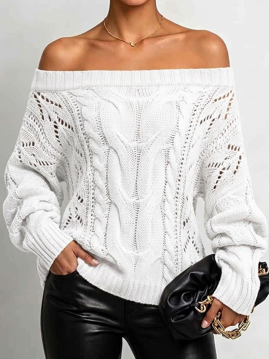 Women's Solid Color Off-shoulder Long-sleeved Casual Loose Knit Pullover Top