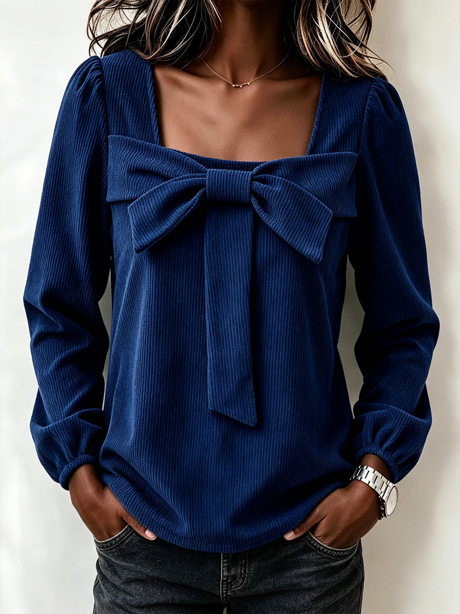 Chic Corduroy Top With A Square Neckline And Bow Detail