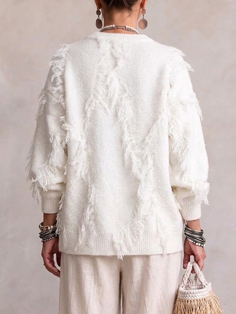 Diagonal Fringe‑trimmed Relaxed Knit Sweater