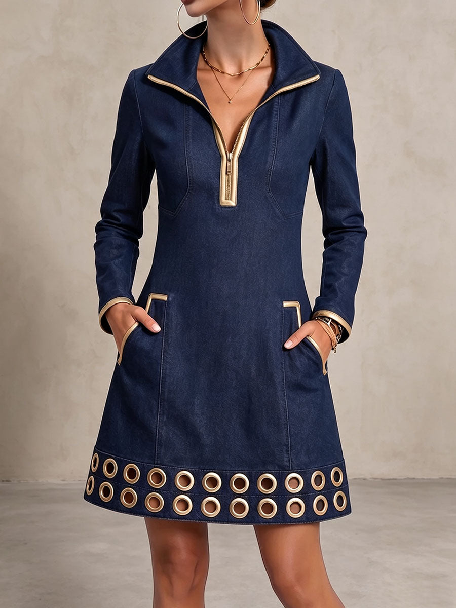Women's Long-sleeved Casual Loose Denim Dress With Gold Trim And Metallic Eyelets
