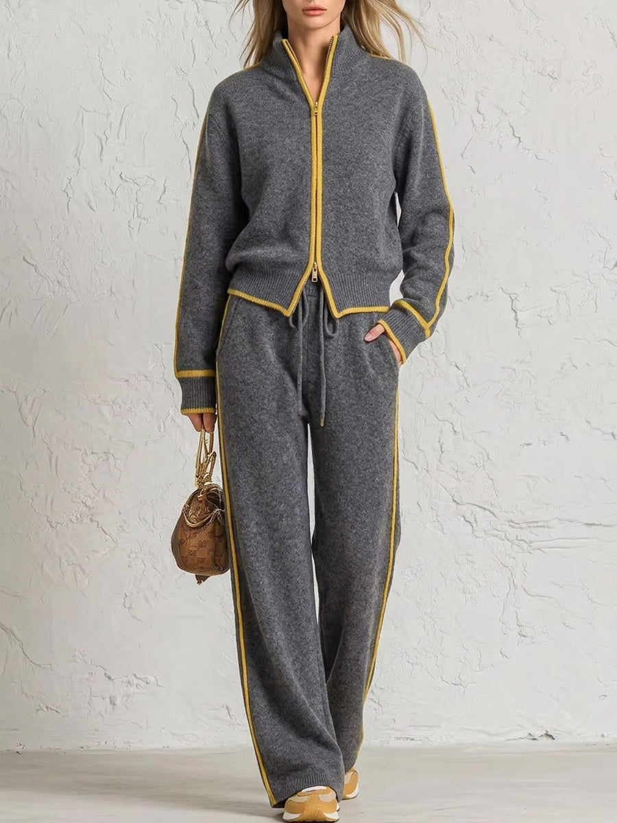 Chic Color Block Trim Knit Loungewear Set