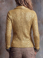 Women's Solid Color Collared Long Sleeve Casual Loose Sequined Knit Top