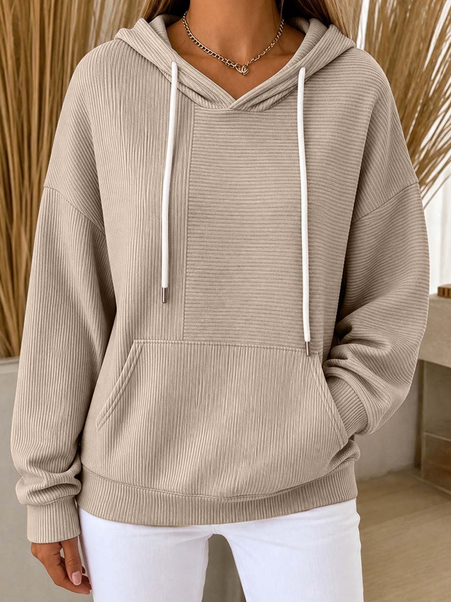 Women's Casual Ribbed Knit Pullover Hoodie With Kangaroo Pocket
