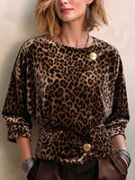 Women's Casual Loose-fit Leopard Print Velour Top With Round Neck And 3/4 Sleeves
