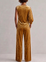 Women's Round Neck Off-shoulder Velvet Top And High-waisted Wide-leg Velvet Suit