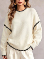 Contrast Stitching Crew Neck Drop‑shoulder Oversized Knit Sweater