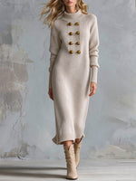 Women's Turtleneck Knit Midi Sweater Dress With Button Detail