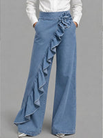Elegant And Stylish Wide-leg Denim Pants With Ruffle And Floral Appliques.