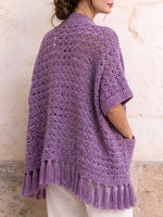 Women's Purple Crochet Tassel Hem Kimono Cardigan