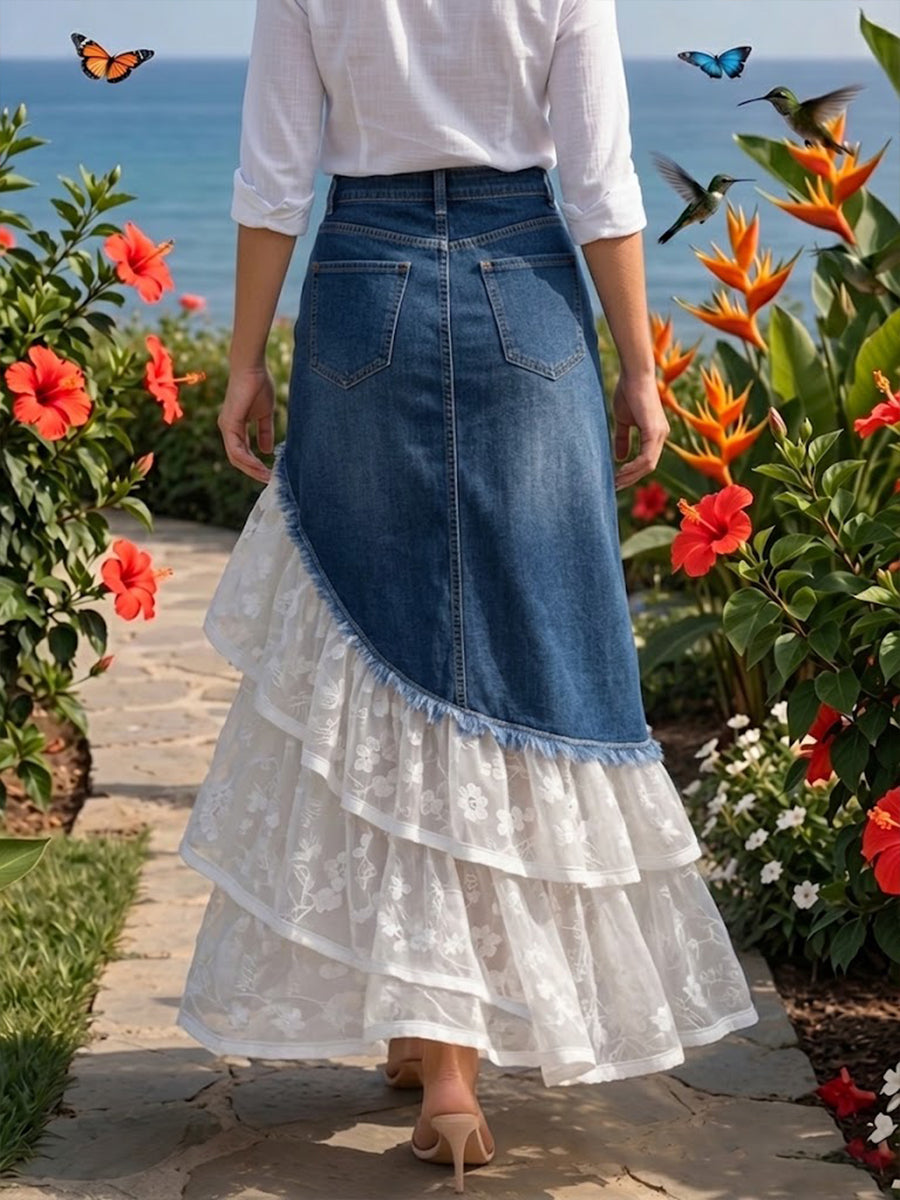 Elegant And Romantic Paneled Lace-and-denim Skirt