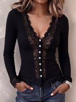 Women's Ribbed Knit Lace Spliced Button-down Top
