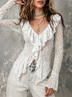 Elegant Long-sleeve Top In Textured Stretch Lace With Ruffle Details