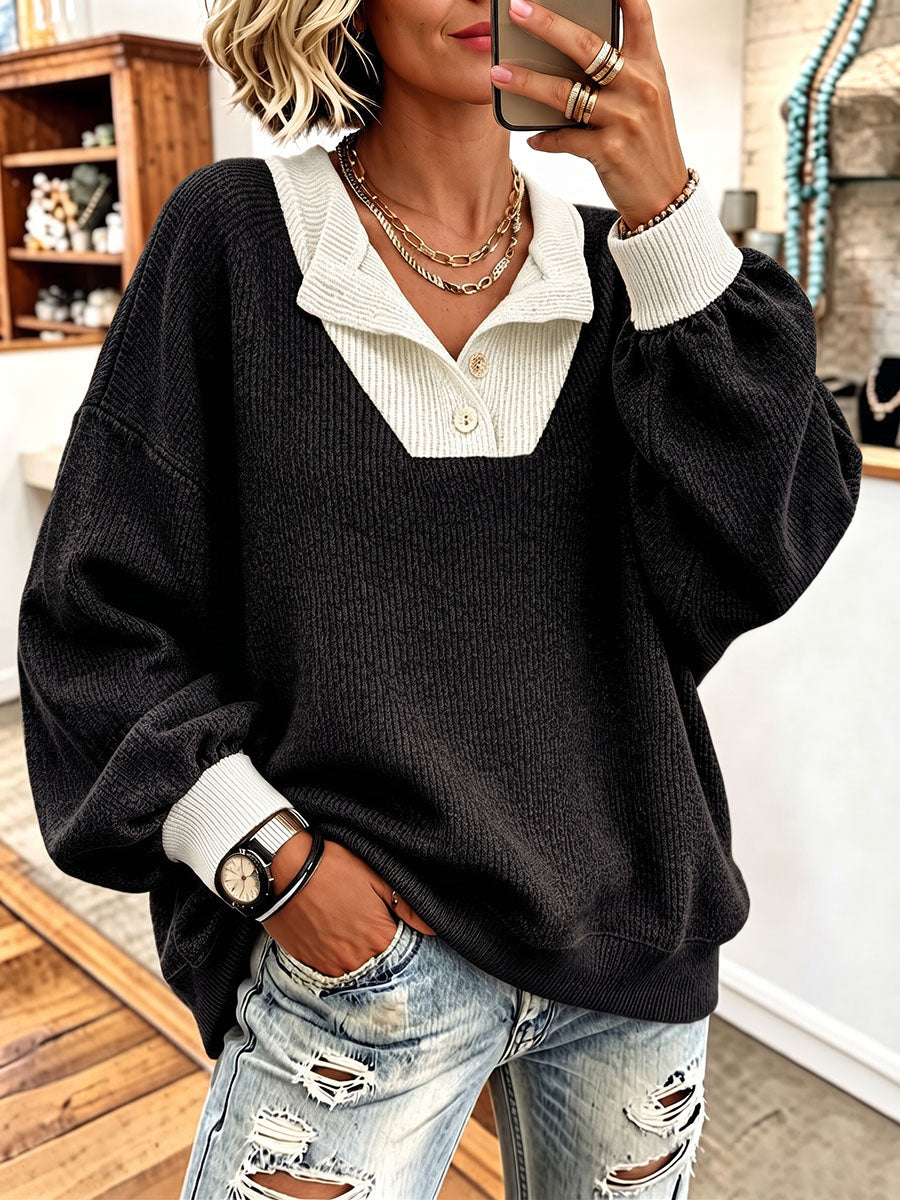 Cozy Contrast Polo Collar Sweater