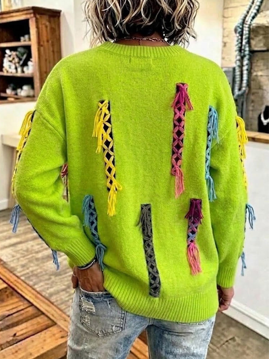 Round-neck Knit Sweater With Colorful Woven Tassels