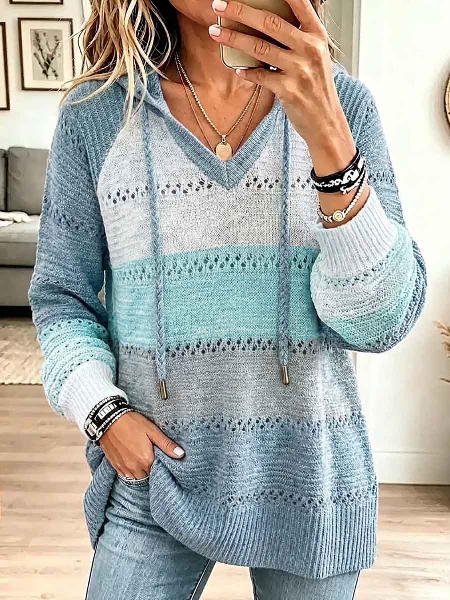 Women's Color-blocked V-neck Long-sleeved Casual Loose Knit Hooded Pullover