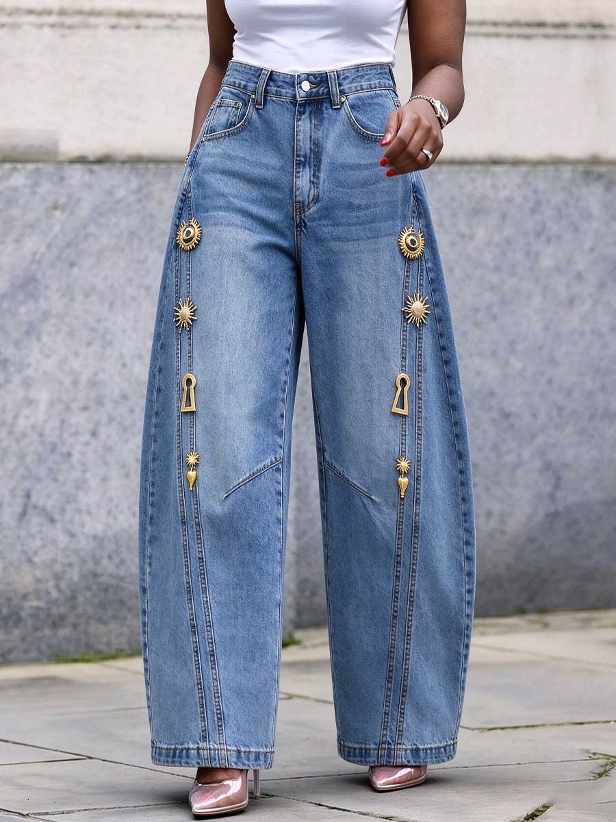 Women's High-Waisted Wide Leg Jeans with Gold Charms