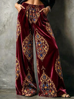 Bohemian-style Ornate-print Velvet Wide-leg Trousers With An Elasticated Waist