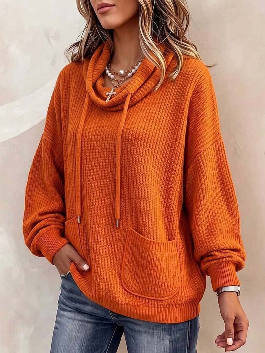 Women's Solid Color Long-sleeve Casual Loose-fit Knit Pullover With Drawstring Cowl Neck