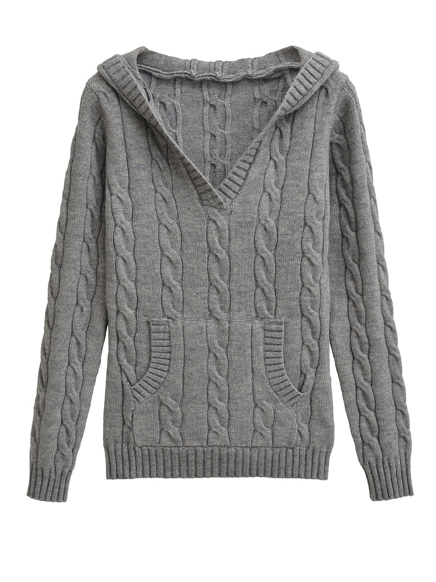 Casual Cable-knit V-neck Sweater With Hood