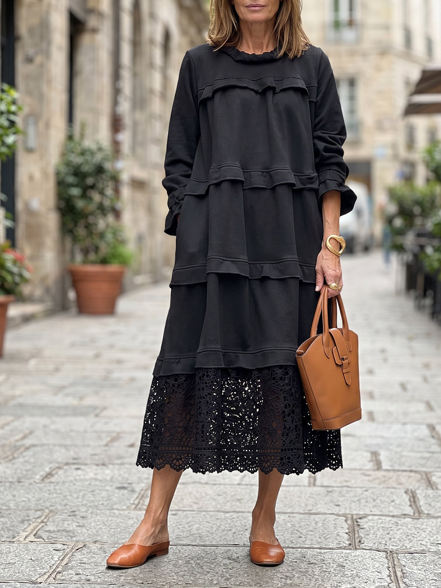 Chic Black Ruffled Tiered Lace Hem Midi Dress