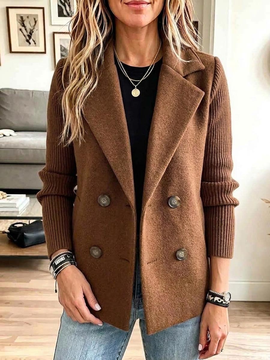 Women's Solid Color Collared Long Sleeve Casual Loose Knit Patchwork Jacket
