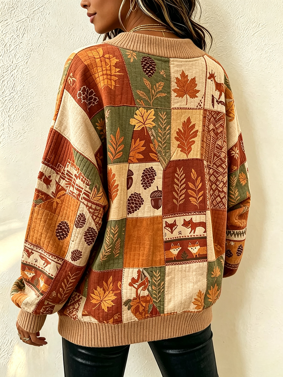 Chic Autumn-themed Patchwork Print Waffle Knit Pullover