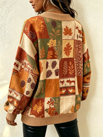 Chic Autumn-themed Patchwork Print Waffle Knit Pullover