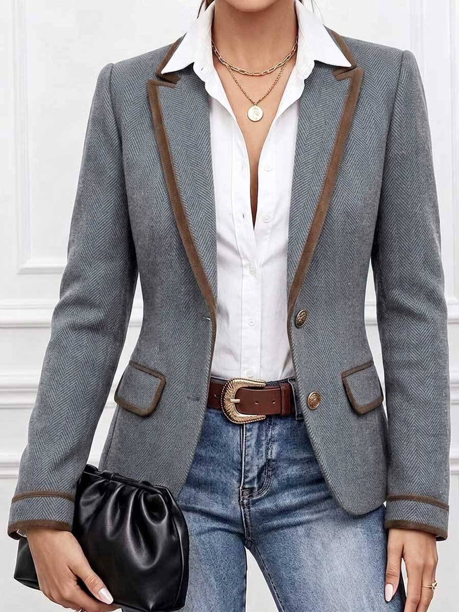 Women's Collared Long-sleeved Casual Loose Color-blocked Herringbone Coat