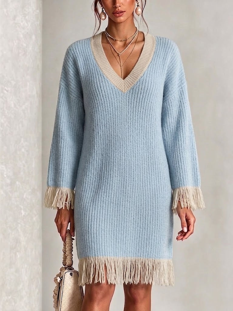 Color-block V-neck Fringed Knit Dress