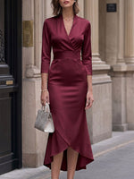 Women's Solid Color V-neck 3/4 Sleeve Elegant Slim Fit Irregular Tulip Hem Dress