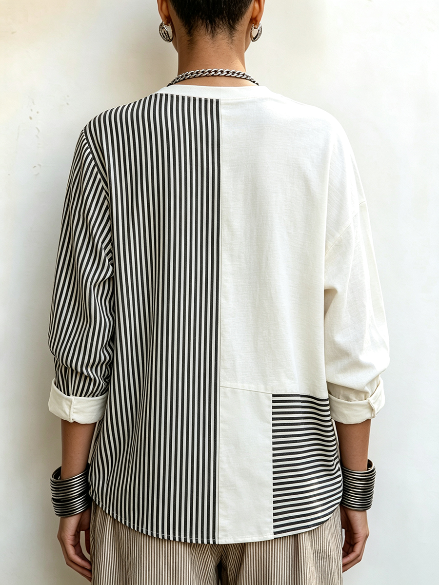 Chic Asymmetric Black And White Striped Statement Top