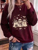 Halloween Ghost Print Leopard Patchwork Crewneck Sweatshirt