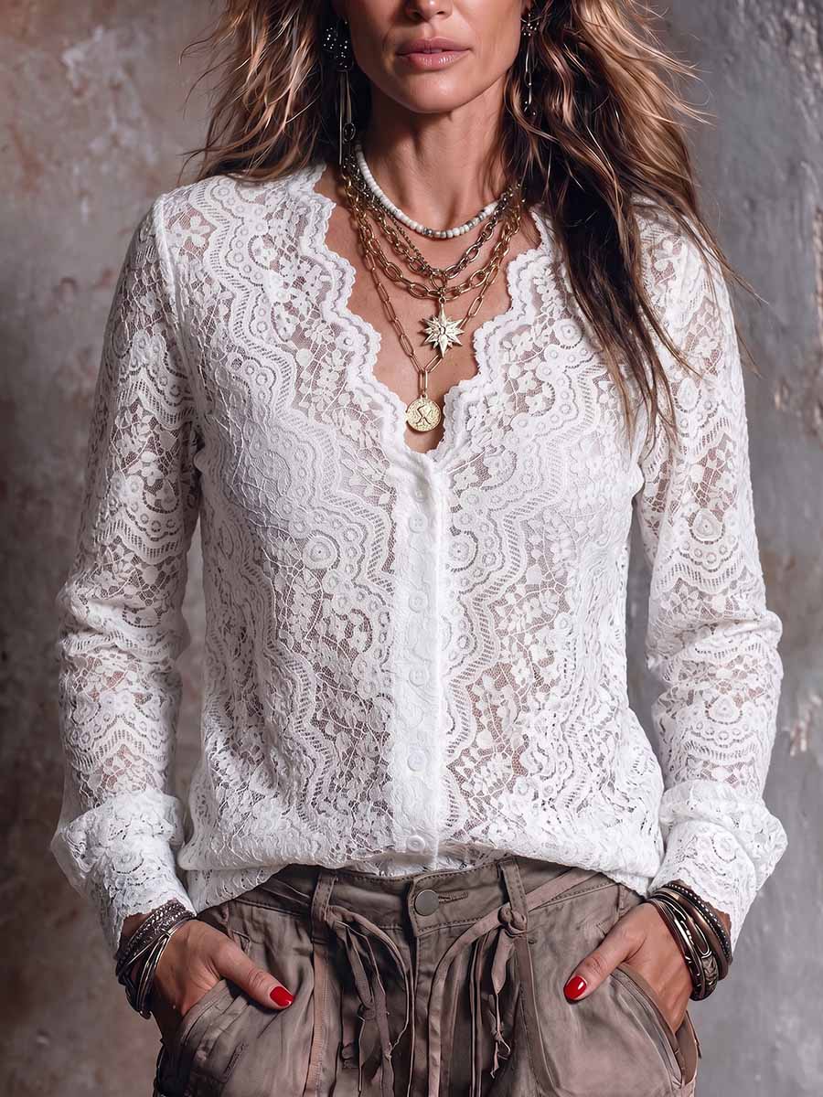 Women's Solid Color V-neck Long Sleeve Casual Loose Lace Cardigan