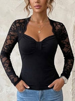Slim-fit Long-sleeve Top With Lace Splicing And A Sweetheart Neckline