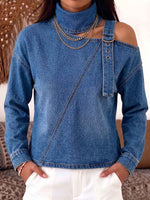 Women's Stand Collar Off-shoulder Long Sleeve Casual Loose Denim Top