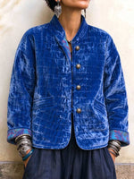 Women's Blue Quilted Velvet Jacket With Vintage Buttons