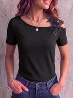 Women's Solid Color Off-shoulder Short-sleeved Embroidered Patchwork Top