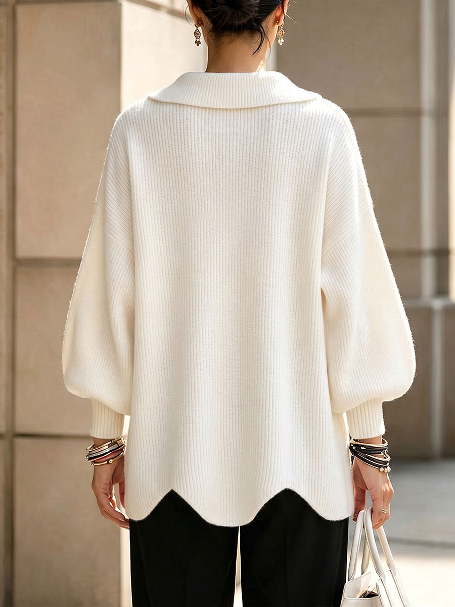 Women's Solid Color Collared Long-sleeved Casual Loose Pullover Knit Sweater