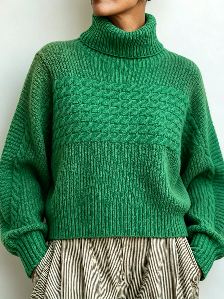 Cozy Vibrant Orange Cable-knit Turtleneck Sweater