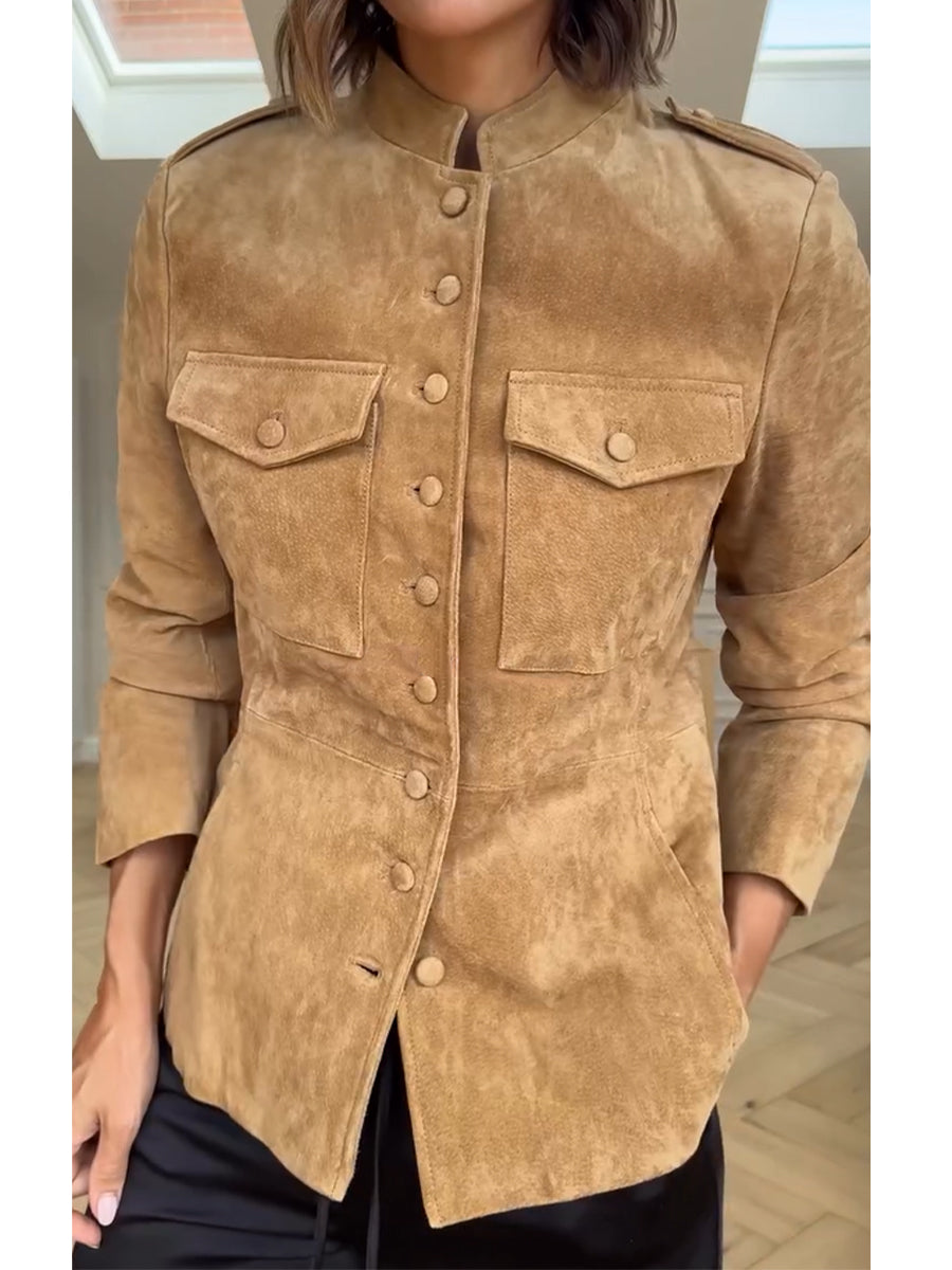 Retro-casual Suede Military-style Jacket With A Stand Collar
